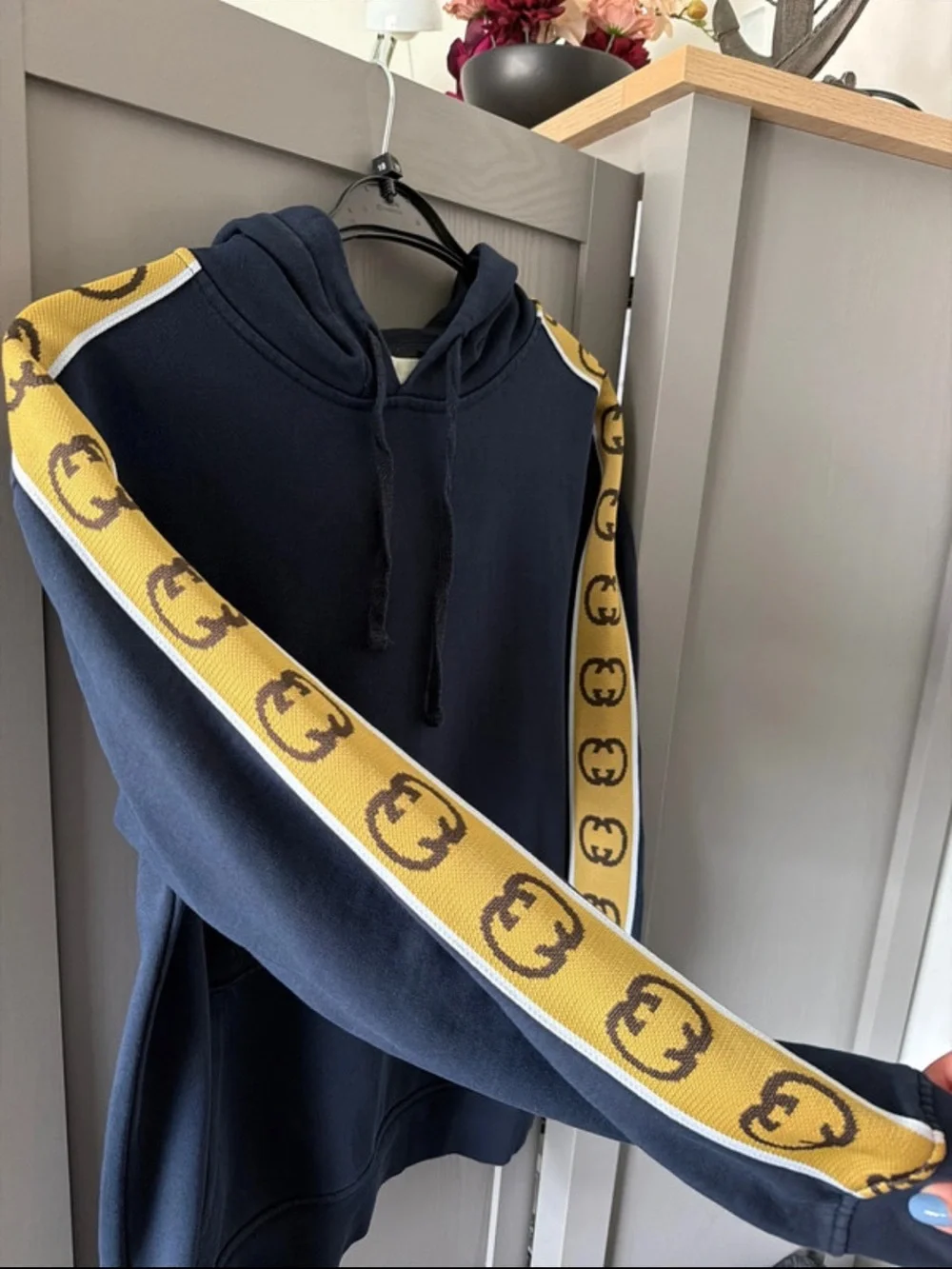 Gucci Navy Hoodie with Yellow Logo Tape Sleeves